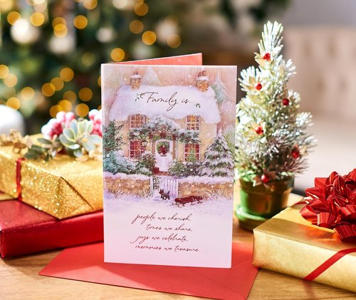 American Greetings Christmas Card - Shimmering Winter Cabin Scene for Family & Friends | All the Joys