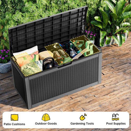120 Gallon Waterproof Outdoor Storage Box - Lockable Resin Deck Container for Patio Furniture & Tools | Black