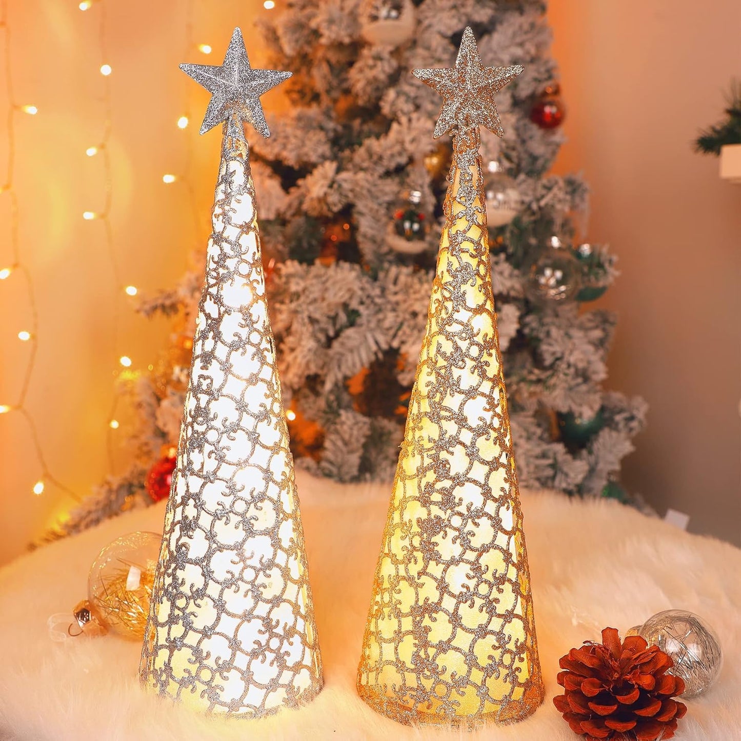 Juegoal Lighted Christmas Table Decorations - Star Design with 10 LED Lights | Set of 2 (Gold & Silver)