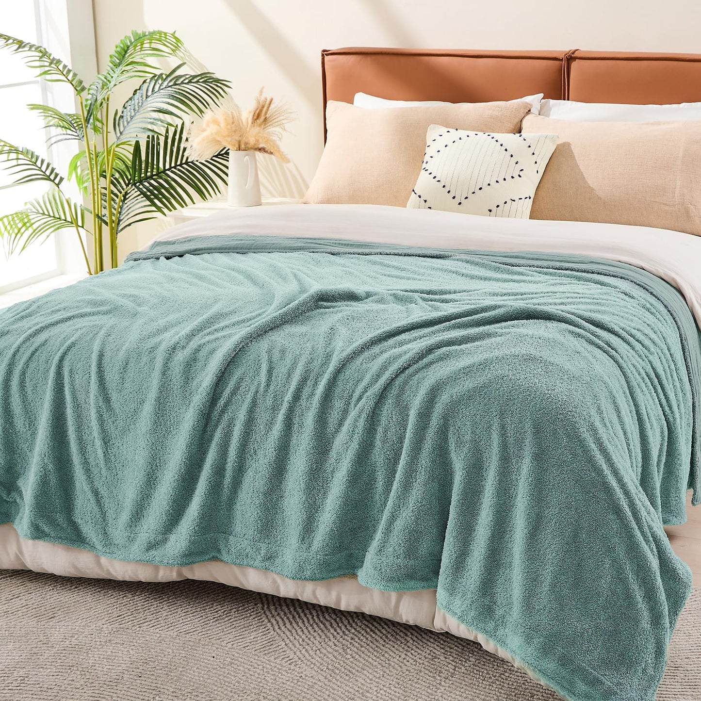 EMME Muslin Cotton Fleece Queen Blanket Reversible - 80"*90" Teal Soft Warm Throw Blankets for Couch Bed Picnic Travel Bed