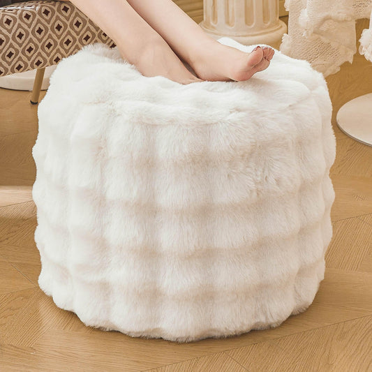 LIFEREVO Faux Rabbit Fur Round Inflatable Pouf Ottoman, 20 X 16 Waffle Bubble Fluffy Fuzzy Floor Poufs Foot Rest for Adults Kids Girls, Furry Pouf Chair Foot Stool Couch Home Decor, Anti-Slip, Beige