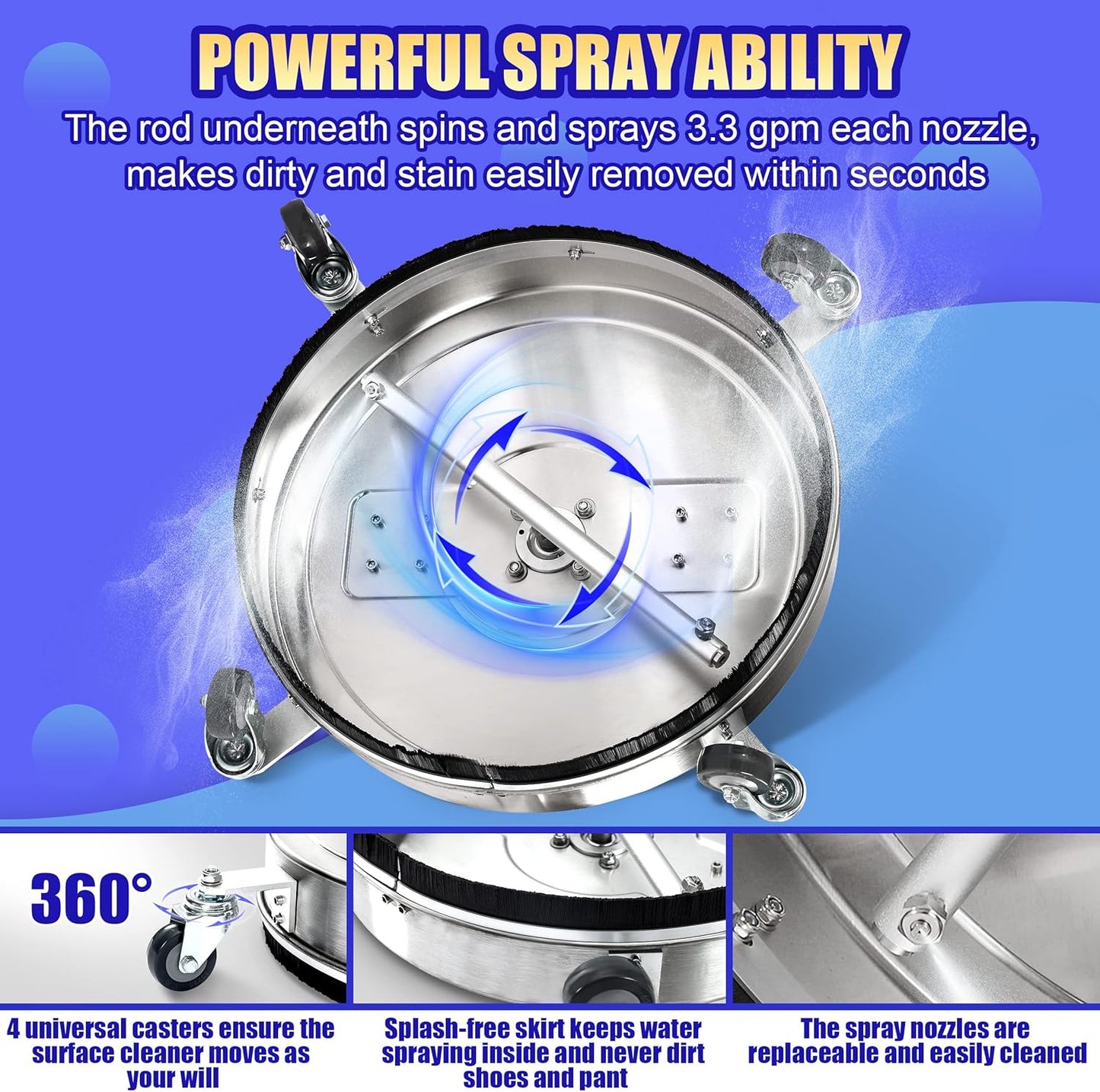 PWACCS 20" Pressure Washer Surface Cleaner - Stainless Steel Power Wash Scrubber with Dual Handle & 4 Wheels for Concrete, Patios, Driveways