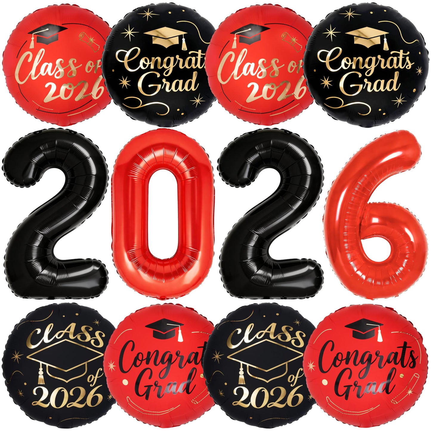 PartyWoo Graduation Balloons Class of 2026 Black Red Gold 12pcs Balloons 40 Inch 2026 Foil Number Balloons 18 Inch Congrats Grad Mylar Balloons for Black Red Graduation Decorations Party Supplies