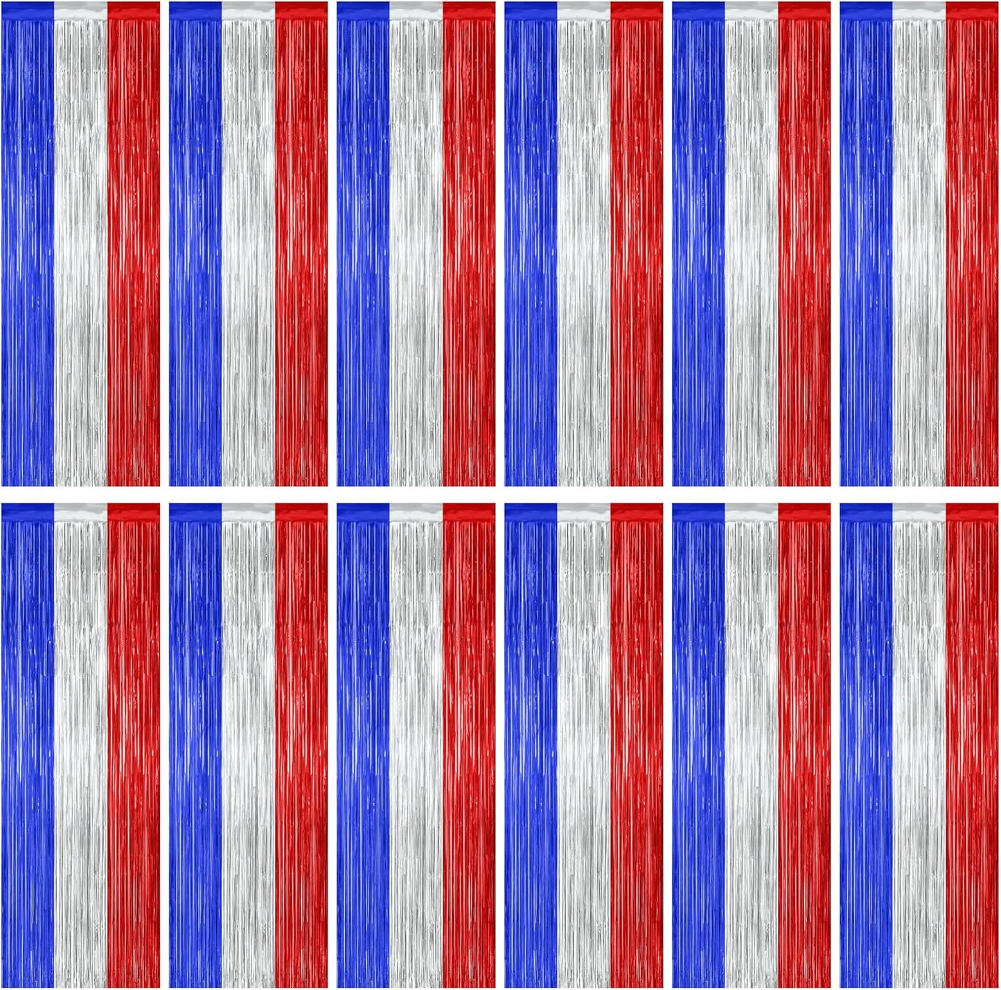 Patriotic Tinsel Backdrop by [Brand Name] - 12 Pack Metallic Blue, Silver & Red Fringe Curtains | 3.28 FT x 7.05 FT Independence Day Party Decorations
