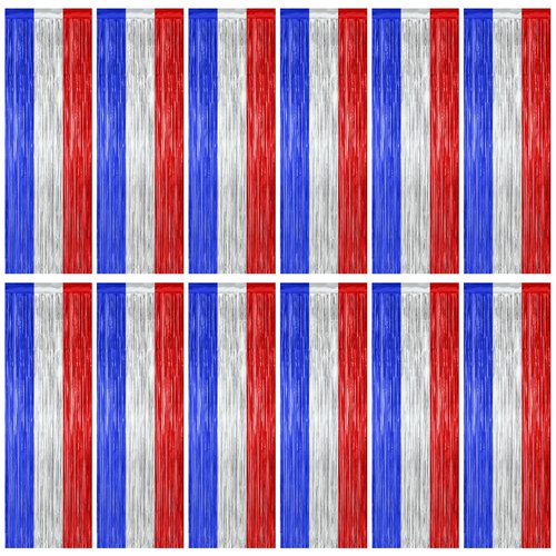 12 Pack 4th of July Decorations, 3.28 FT x 7.05 FT Patriotic Tinsel Backdrop, Metallic Blue Silver Red Fringe Curtains Party Streamer Foil Backdrop, Independence Day Party Supplies Patriotic Decor