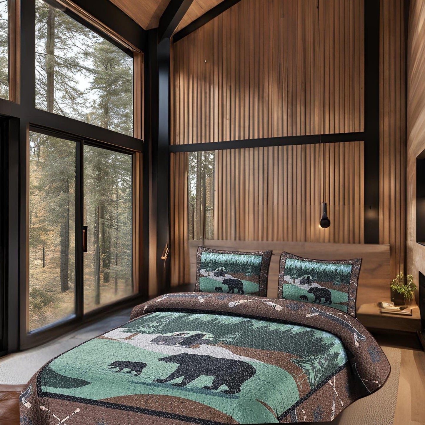 BestGiftEver Quilt Queen Size with Unique Bear RV Park Theme Print Design, Cabin Lodge Quilted Bedspread Coverlet, 3-Piece Rustic Bedding Set with Queen Quilt and 2 Pillow Shams for Nature Lovers
