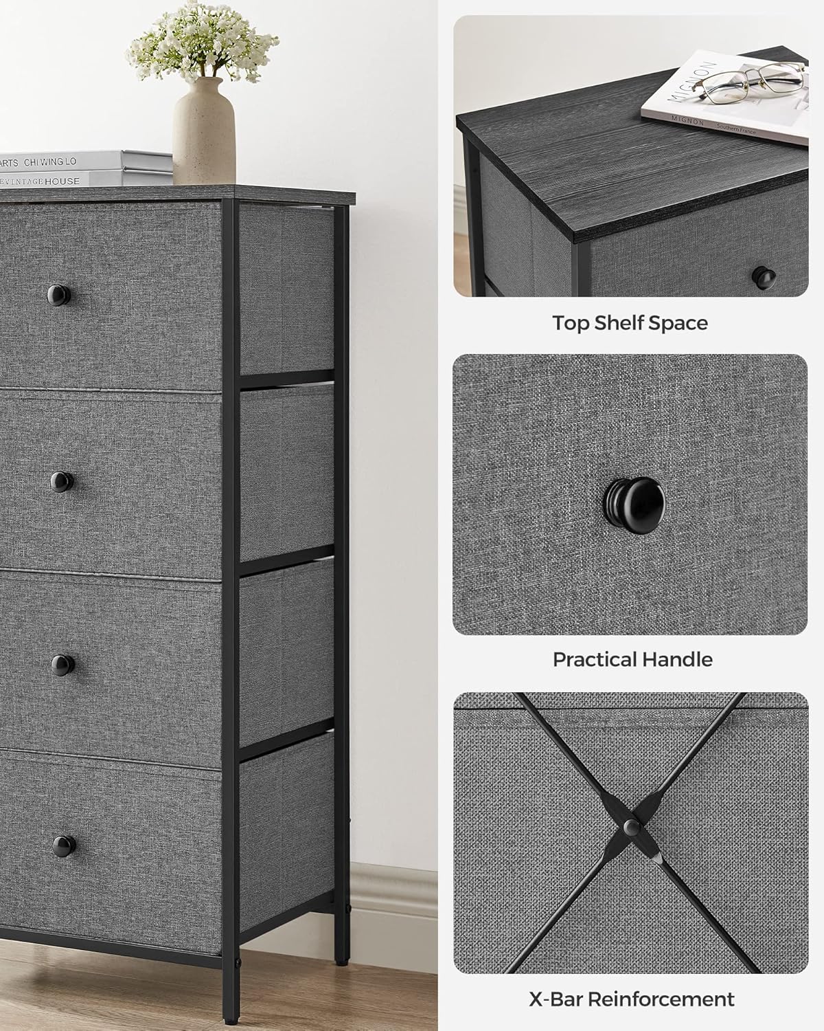 SONGMICS Fabric Dresser - 4 Drawer Chest with Metal Frame | Stylish Gray & Black Design for Bedroom