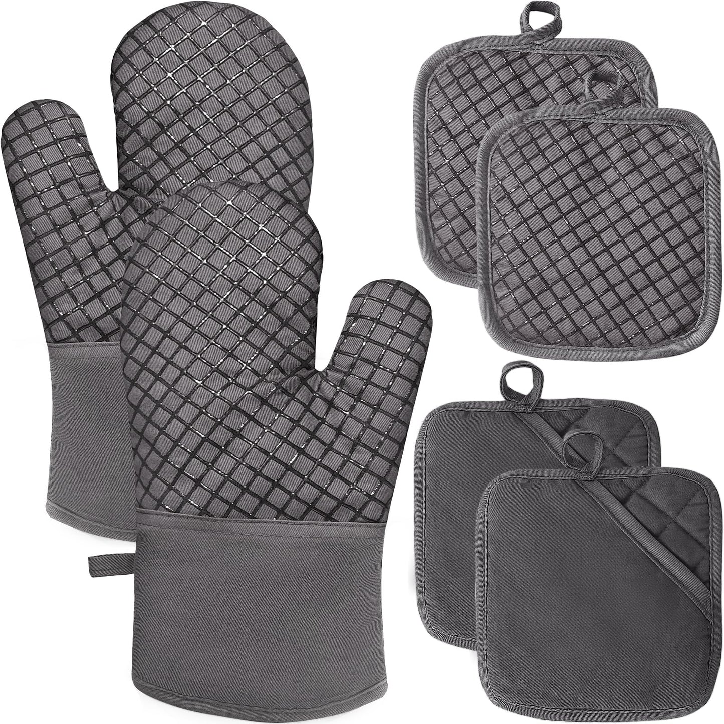 4 Pcs Oven Mitts and Pot Holders,High Heat 500°F Resistant Glove Potholder with Thick Cotton,Silicone Non-Slip Surface Long Kitchen Oven Glove for Cooking Baking Grilling(Grey)