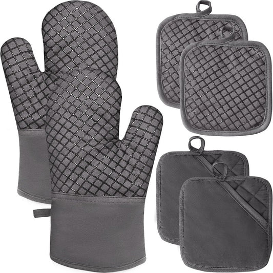 4 Pcs Oven Mitts and Pot Holders,High Heat 500°F Resistant Glove Potholder with Thick Cotton,Silicone Non-Slip Surface Long Kitchen Oven Glove for Cooking Baking Grilling(Grey)