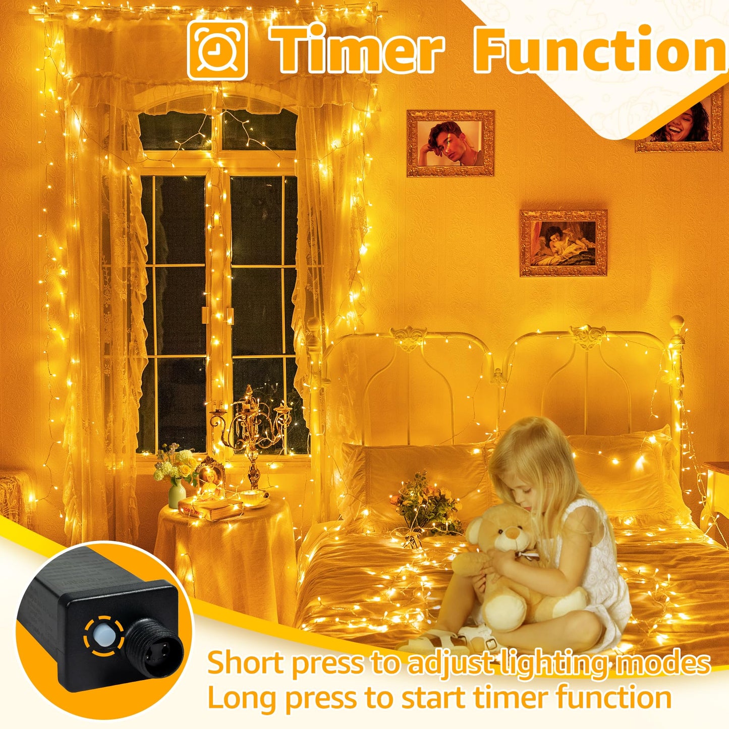 Ollny 120LED 40FT String Lights, Waterproof Connectable Fairy Lights with Timer 8 Modes, Warm White Plug in Indoor Light for Bedroom Classroom Outdoor Wedding Christmas Party Decorations