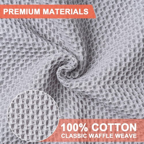 BOOMIBOO Kitchen Dish Cloths - 6-Pack Ultra Soft 100% Cotton Waffle Weave, Quick Drying | Light Grey, 12x12 Inches