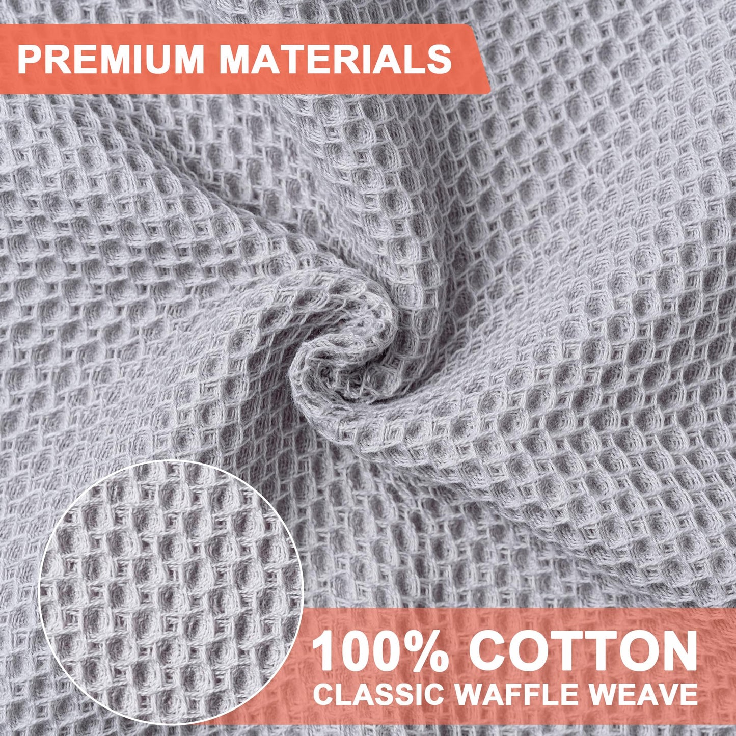 BOOMIBOO 6-Pack Kitchen Dish Cloths, 100% Cotton Waffle Weave, Ultra Soft Absorbent, Quick Drying Dish Towels, 12x12 Inches，Light Grey