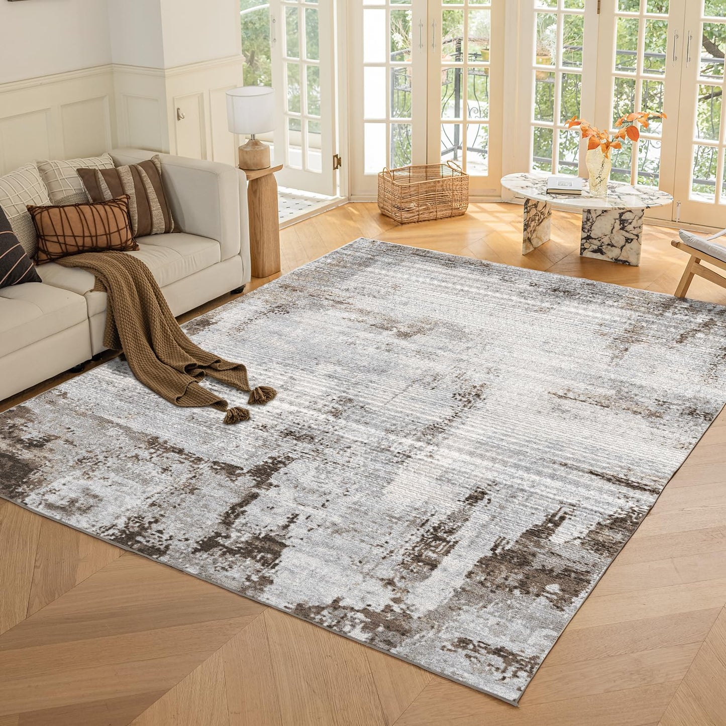 OMERAI Washable Rug 5'x7' Abstract Machine Washable Rugs Ultra-Thin Area Rugs for Living Room Non Slip Stain Resistant Modern Carpet for Bedroom Dining Room Office Kitchen Brown Rug Washable