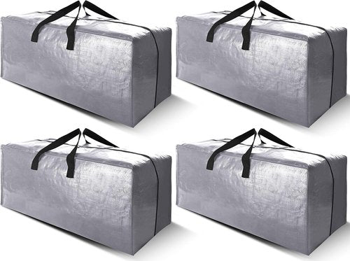 Cosy Family Extra Large Moving Bags - Heavy Duty Storage Totes with Backpack Straps | Set of 4, Silver