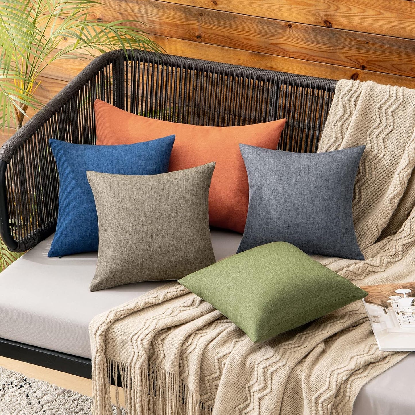 MIULEE Decorative Outdoor Throw Pillow Covers - Waterproof Faux Linen Cushion Cases | 12x12 Inch Dark Green (Pack of 2)
