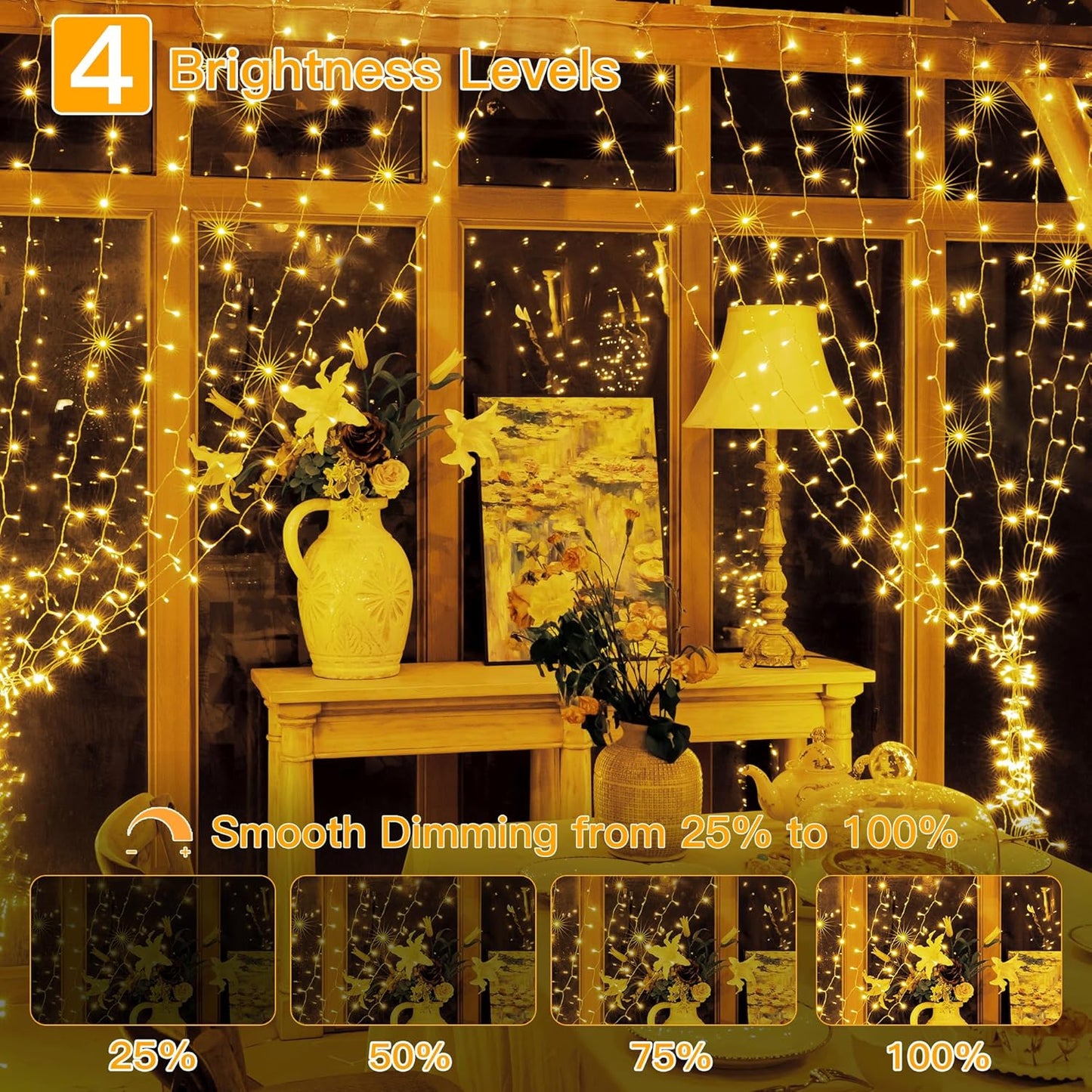 Ollny Curtain Lights - 200 LED Dimmable Fairy String Lights with Remote | 6.6x6.6ft Warm White Decor