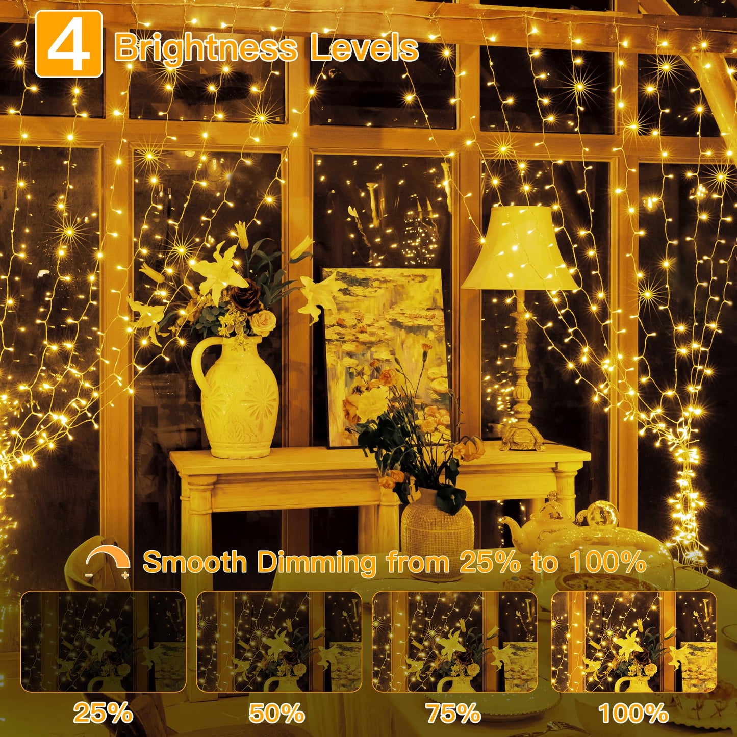 Ollny Curtain Lights 6.6x6.6ft, 200 LED String Lights with Remote 8 Modes Dimmable Timer, USB Power Fairy Light for Bedroom Backdrop Indoor Wall Window Christmas Decorations, Warm White