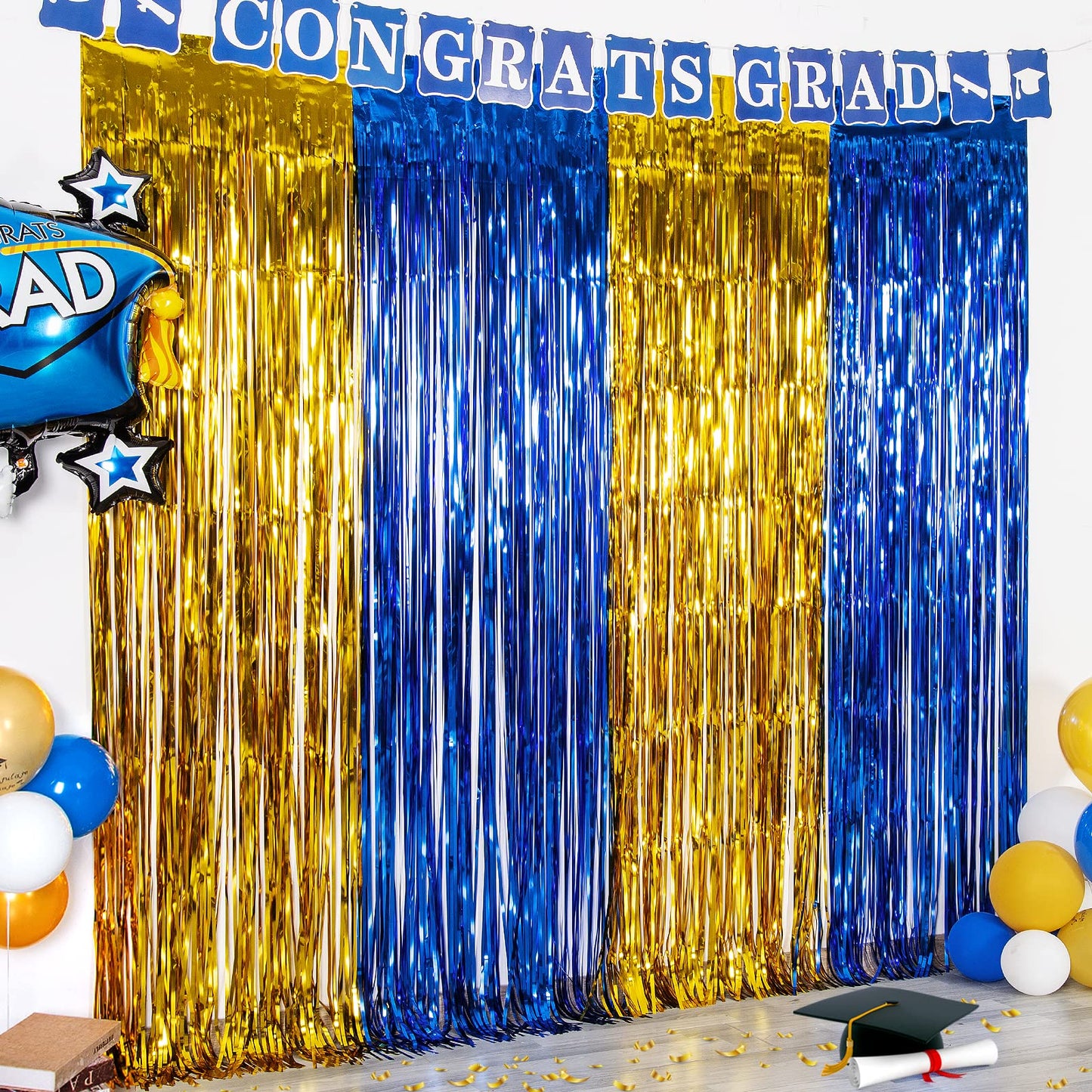 LOLStar Graduation Party Decoration, 2 Pack Blue and Gold 3.3x6.6 ft Foil Fringe Curtains, Tinsel Backdrop, Graduation Photo Booth Prop Streamer Backdrop for Class of 2026, Prom and Grad Party Decor