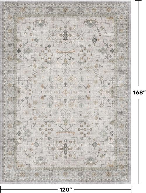 Hazo Haus Boho Light Grey Area Rug - Modern Vintage Floral Design | 10x14 Washable Non-Slip Extra Large for Living Room & Dining Room