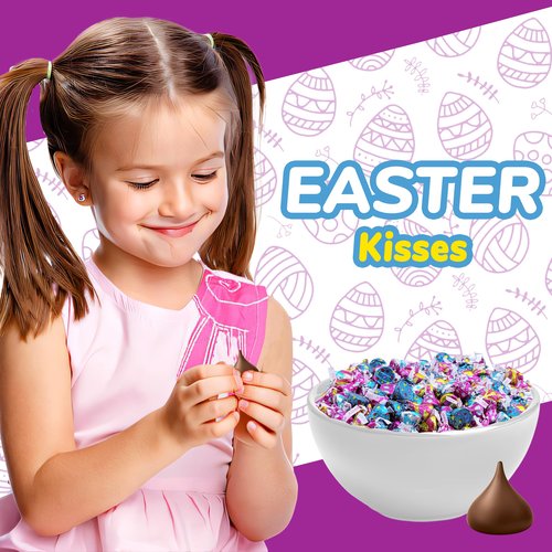 Easter Hershey Kisses Egg Hunt Candy, 2 Lbs Bulk, Individually Wrapped Milk Chocolate Kisses in Pastel Springtime Hippity Hoppity Foils, Easter Bunny Themed Egg Filler Candy, Easter Basket Stuffers