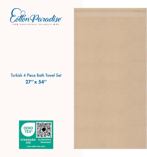 Cotton Paradise Turkish Bath Towels - Extra Large Soft Plush 4-Piece Set in Beige