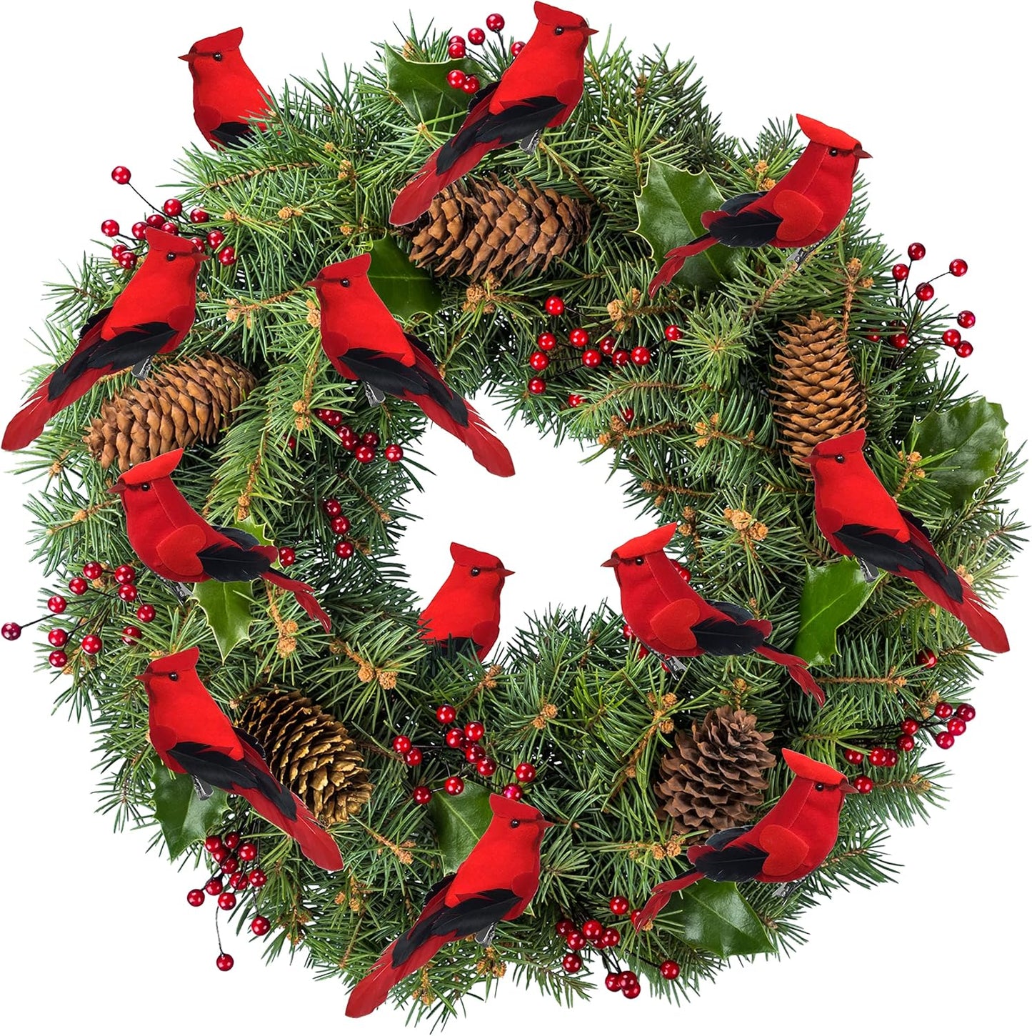Red Cardinal Clip-On Christmas Tree Ornaments - Set of 12, 5" Long with Flocked Body & Feathered Wings