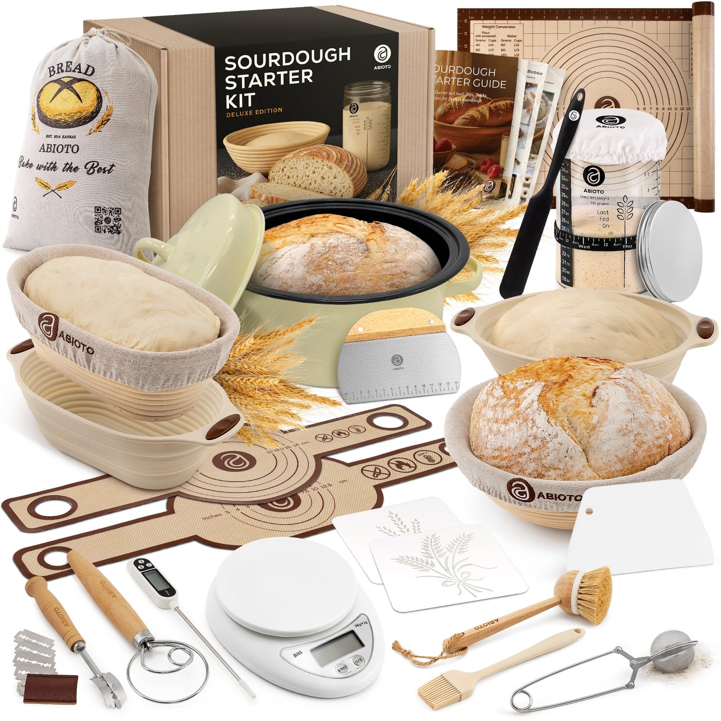 Sourdough Starter Kit with Dutch Oven and Scale - Complete Sourdough Kit with Proofing Baskets, 34oz Jar, Slings, and Other Premium Bread Making Tools - Perfect Baking Gifts for Women, Men, and Bakers