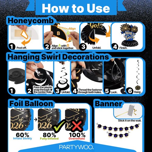 Graduation Decorations Class of 2026 Grad Party Supplies Set with Congrats Grad Backdrop Blue Banner Hanging Swirls Foil Latex Balloons Centerpieces Party Decoration Blue Black Gold 40pcs