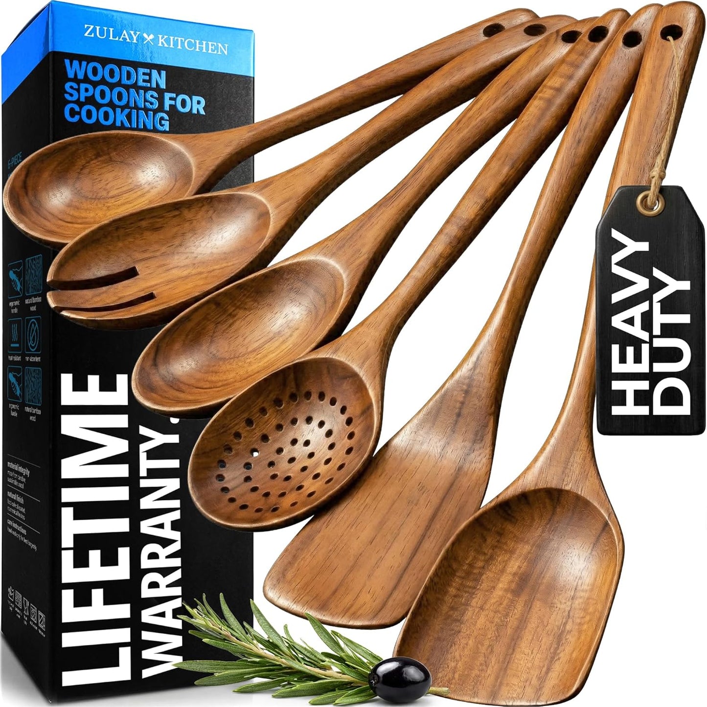 Zulay Kitchen Wooden Cooking Spoons Set - 6 Durable Teak Utensils, Easy to Clean, Comfort Grip