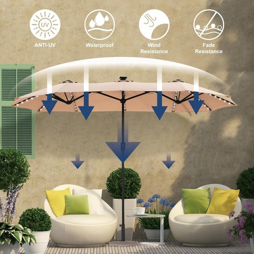 HERA'S PALACE 13ft Double-Sided Patio Umbrella - 120 LED Solar Lights | 8 Color Options for Garden & Pool