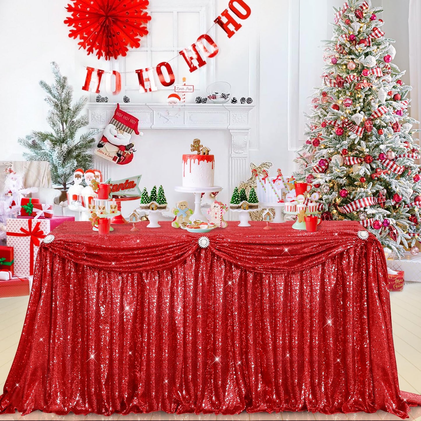 Table Skirt 14ft Red Christmas Table Skirt for Rectangle Square Round Table Sequin Tablecloth for Party Wedding Birthday Decorations
