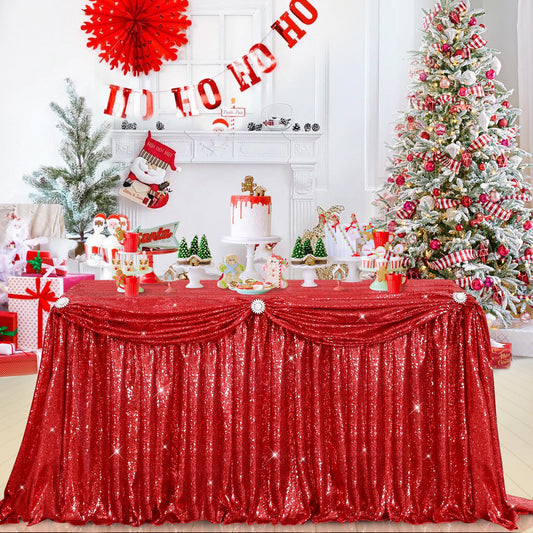Table Skirt 14ft Red Christmas Table Skirt for Rectangle Square Round Table Sequin Tablecloth for Party Wedding Birthday Decorations