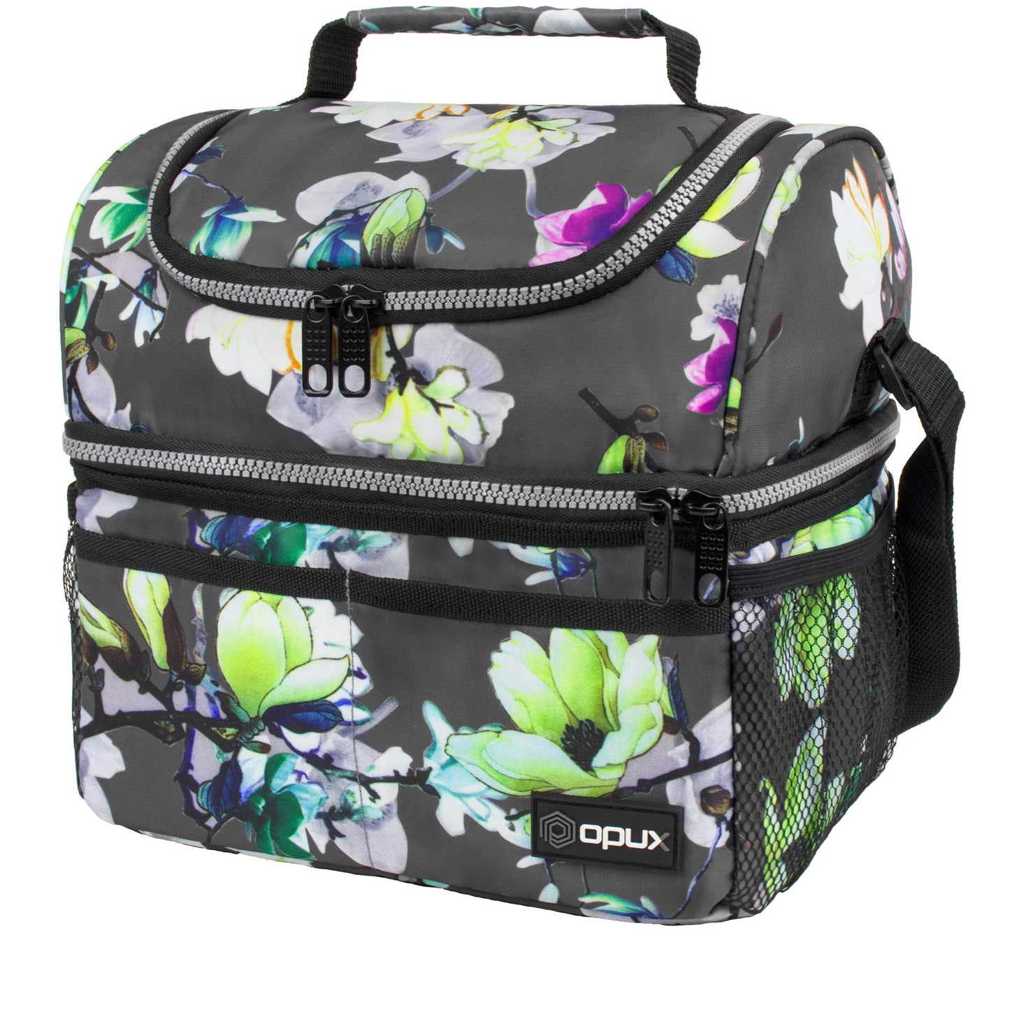 OPUX Insulated Lunch Bag for Women, Double Decker Leakproof Lunch Box Cooler Tote with Shoulder Strap, Large Lunchbox for Work School Travel Meal Prep, Adults Kids Men Girls Boys, Floral Gray, 16 Cans