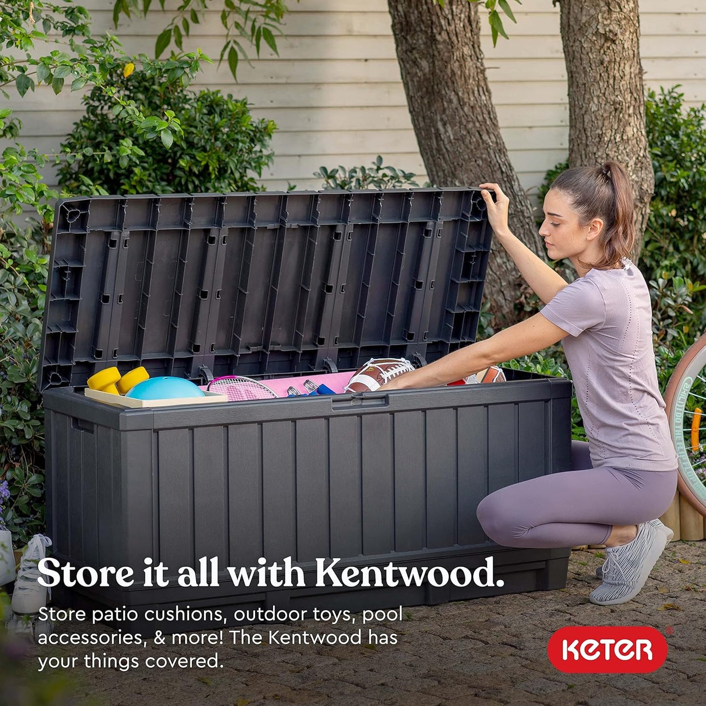 Keter Kentwood 92 Gallon Resin Deck Box - Outdoor Storage for Patio Furniture & Cushions | Dark Grey