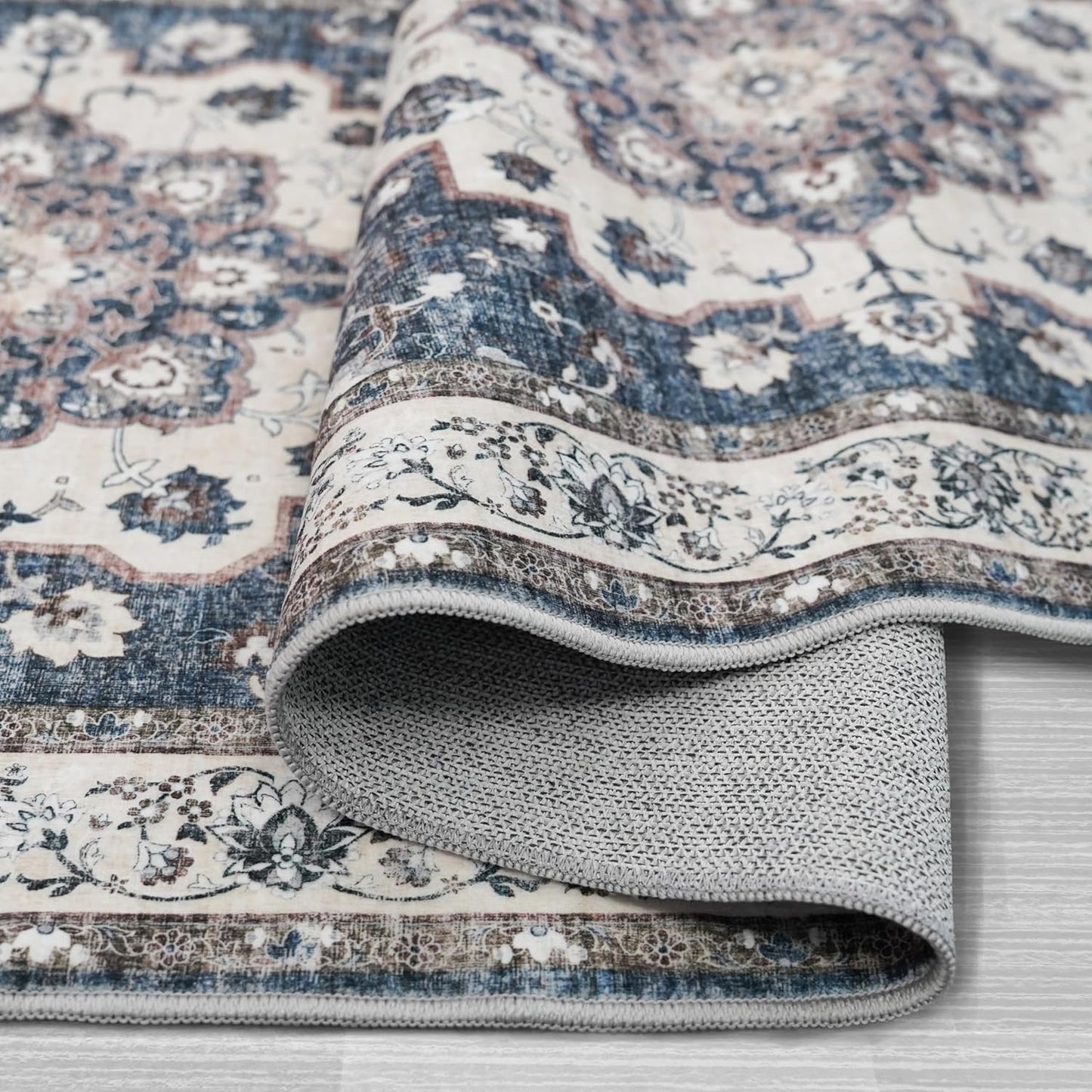 Regine Switzerland Washable 4x4 Square Area Rug - Ultra Thin, Soft, Non-Slip Carpet for Living Room & Bedroom | Stain Resistant, Cozy Blue Mat