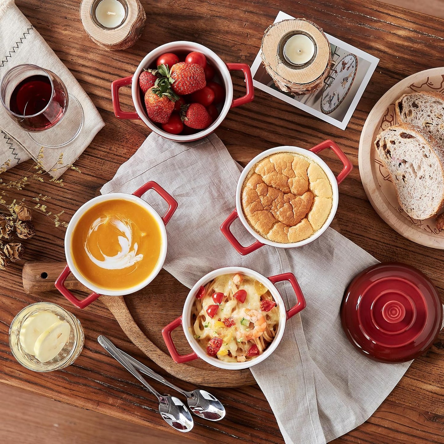 Lareina Mini Cocotte - 12oz Ceramic Casserole Dishes with Handles & Lid | Set of 4 - Red, Oven & Microwave Safe