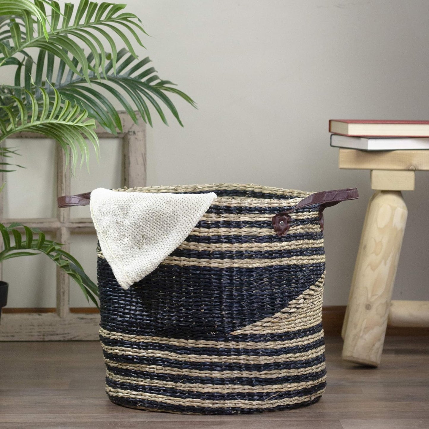 Skiennix 15" Beige and Black Woven Seagrass Basket - Stylish Storage Solution with Handles
