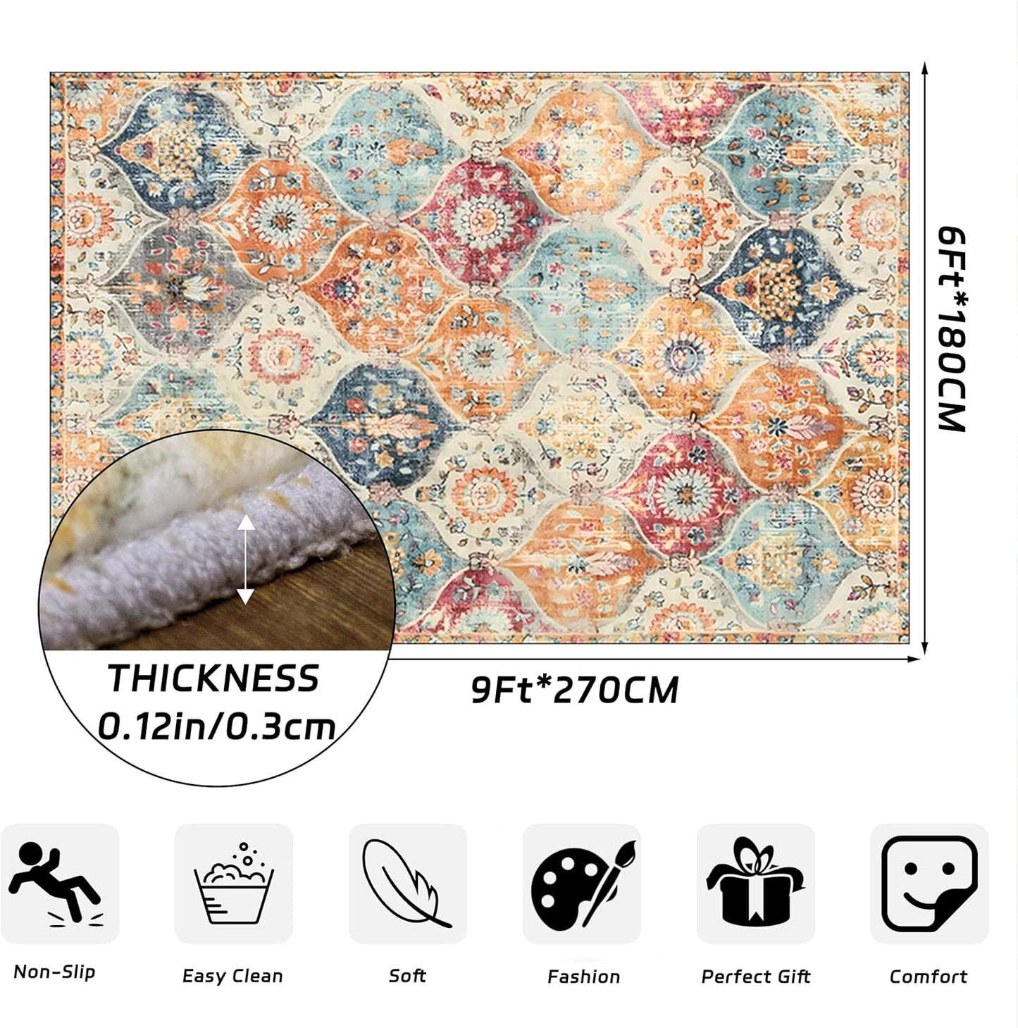 Moroccan 6'x9' Area Rugs for Living Room, Large Washable Low Pile Stain Resistant Soft Carpet, Oriental Trellis Ultra-Thin Bedroom Rug for Dining Room Office Table Apartment(Cream, 6X9FT)