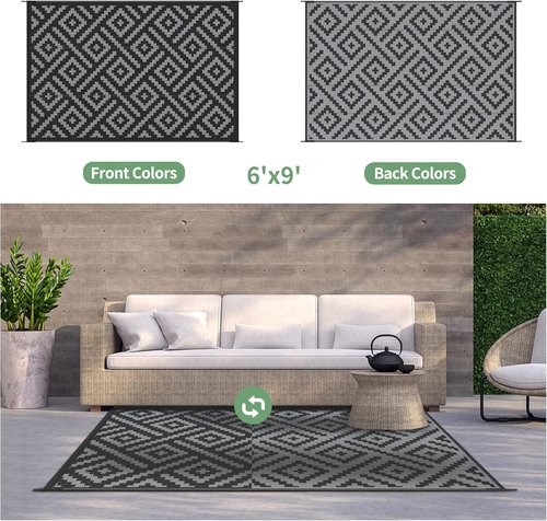 GENIMO Outdoor Rug - Waterproof Reversible Mat for Patio | 6'x9' Black & Gray Design