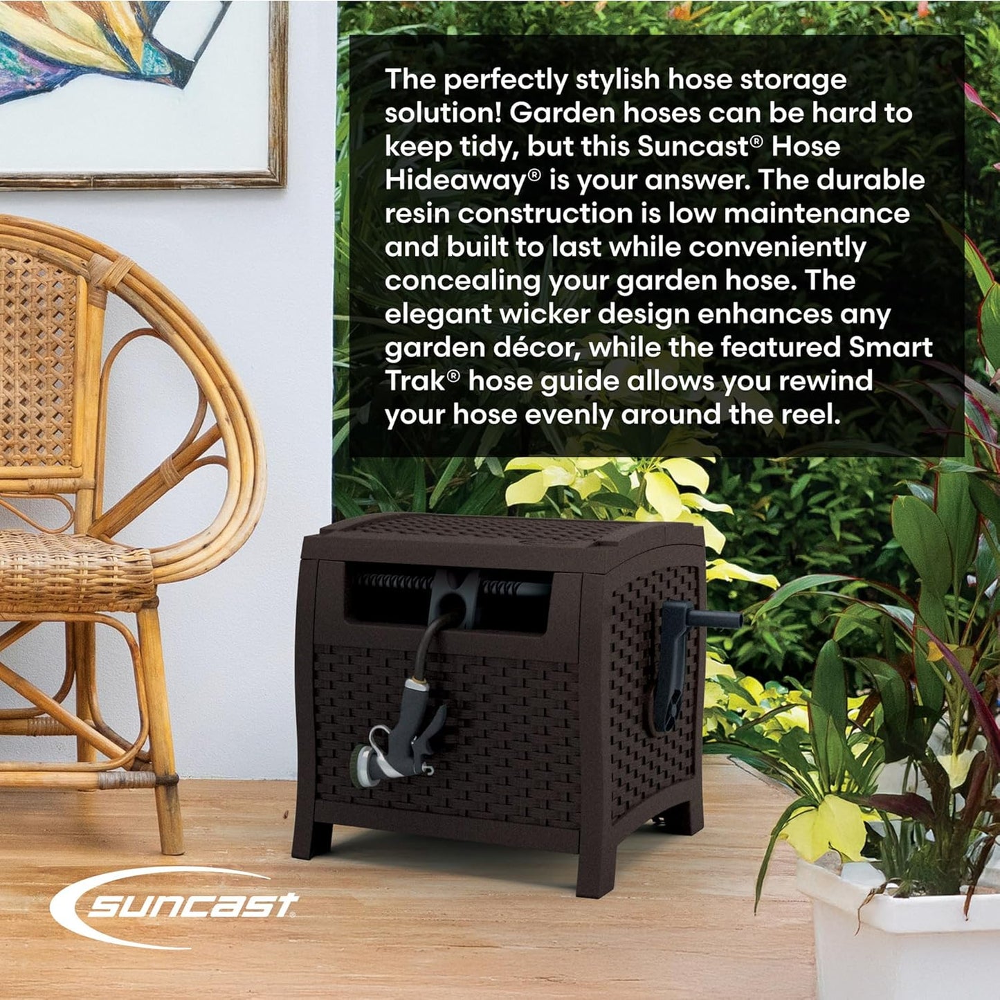 Suncast Hose Reel - Smart Trak Hose Guide & Water-Tight Connection - Durable Resin, 225' Capacity, Brown