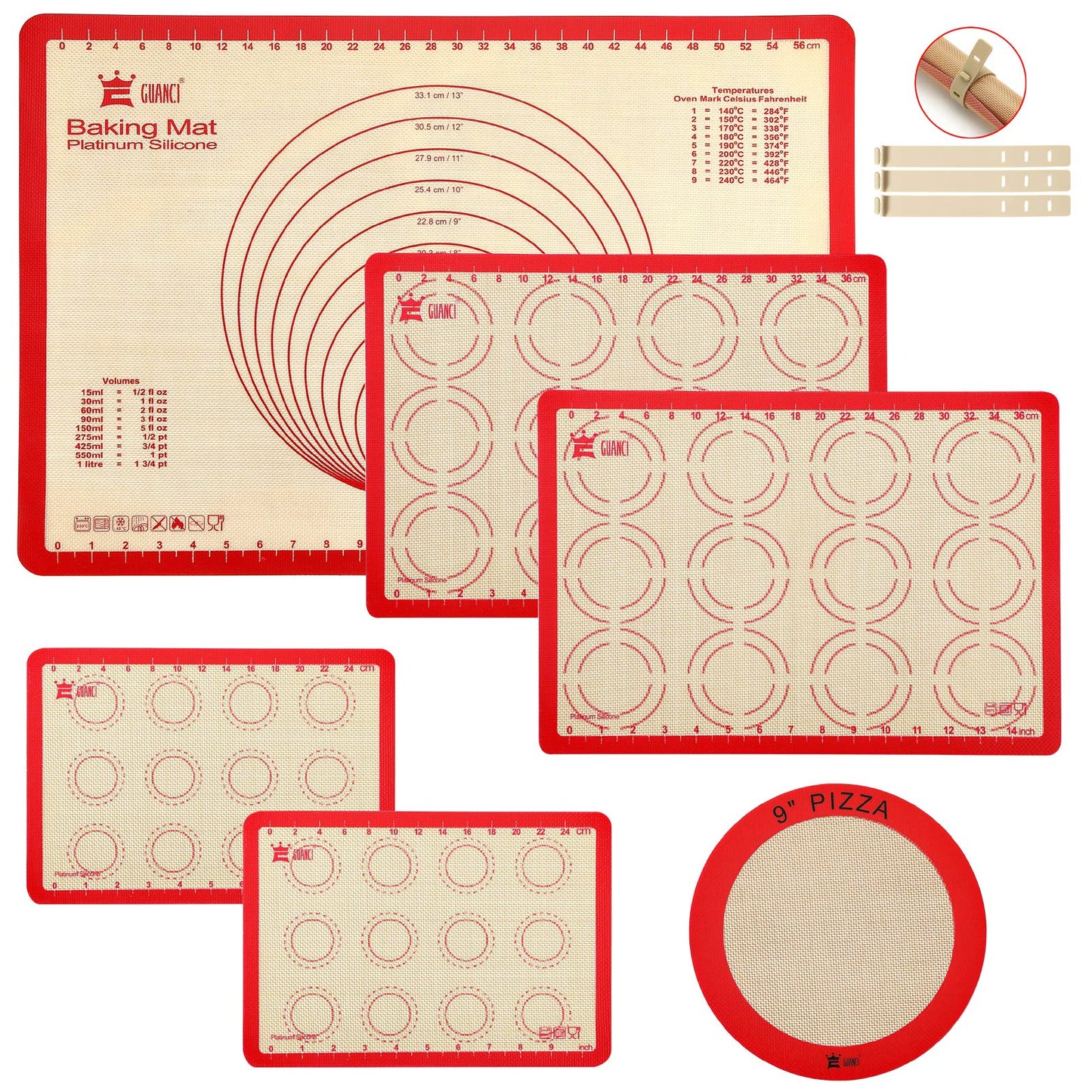 Silicone Baking Mat Set of 6, GUANCI Grade Food Baking mats Non-Stick Reusable Pizza Bakeware Mat for Making Macaroon, Pizza, Cookie, Pastry, Bread, Bun（Red）