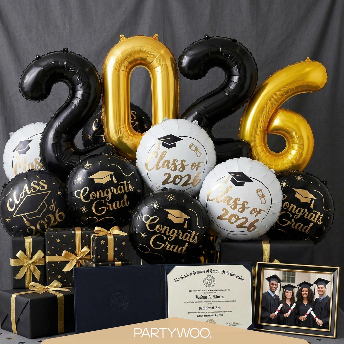 PartyWoo Graduation Balloons Class of 2026 Black White Gold 12pcs Balloons 40 Inch 2026 Foil Number Balloons 18 Inch Congrats Grad Mylar Balloons for Black White Graduation Decorations Party Supplies