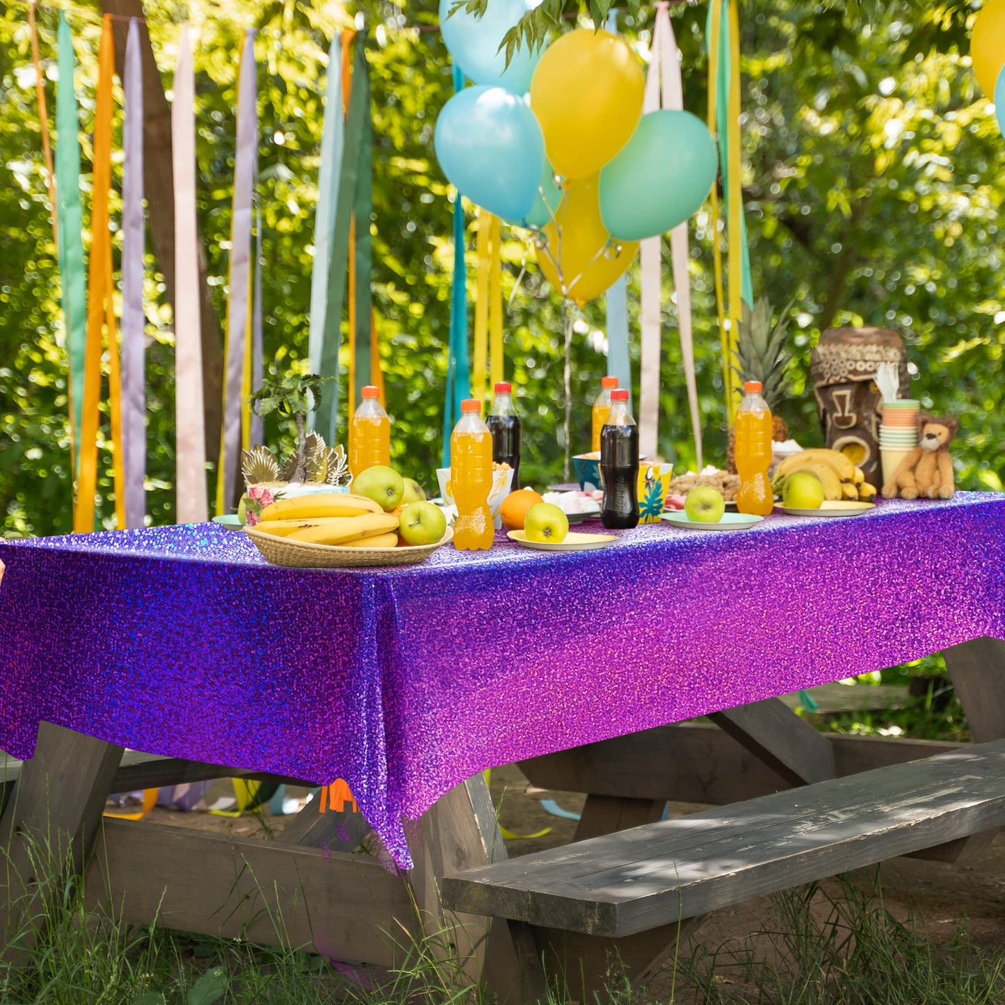 Just Shimmer Sparkling Holographic Laser Tablecloth - Shimmering, Waterproof, Easy to Clean - Ideal for Bachelorette, Birthday, Wedding, and Anniversary Party Decorations (Purple, 1)