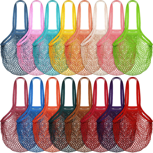 Shappy 16 Pcs Reusable Grocery Bags Mesh Produce Bags Washable Cotton Mesh Tote with Handles for Fruit Vegetable Shopping Storage Market(Multicolor)
