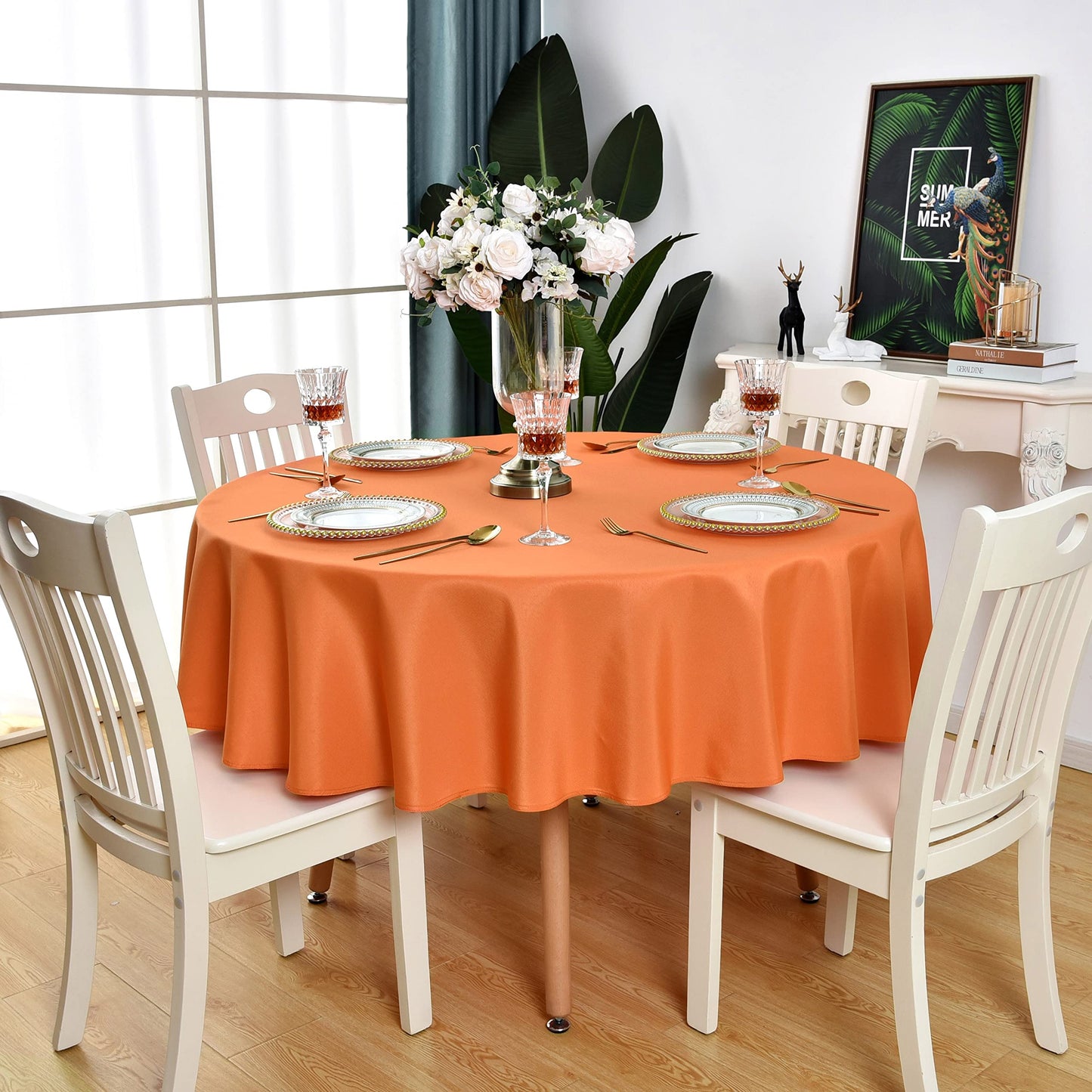 KAIPHO Orange Round Tablecloth Waterproof Stain Resistant Wrinkle Free Table Cloth 210GSM Polyester Washable Wipeable Table Cover for Party, Banquet, Wedding, Indoor and Outdoor use (70 inch, Circle)