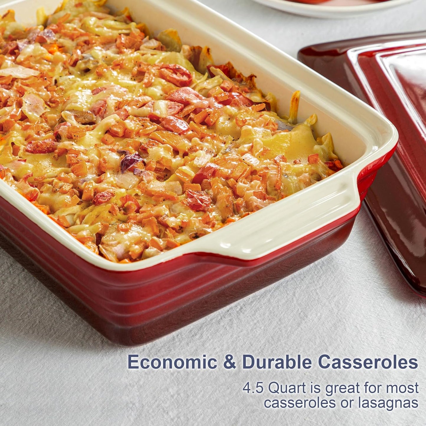 LOVECASA 4.5 Quart Ceramic Casserole Dish - Oven Safe Lasagna Pan with Lid & Handles | Gradient Red