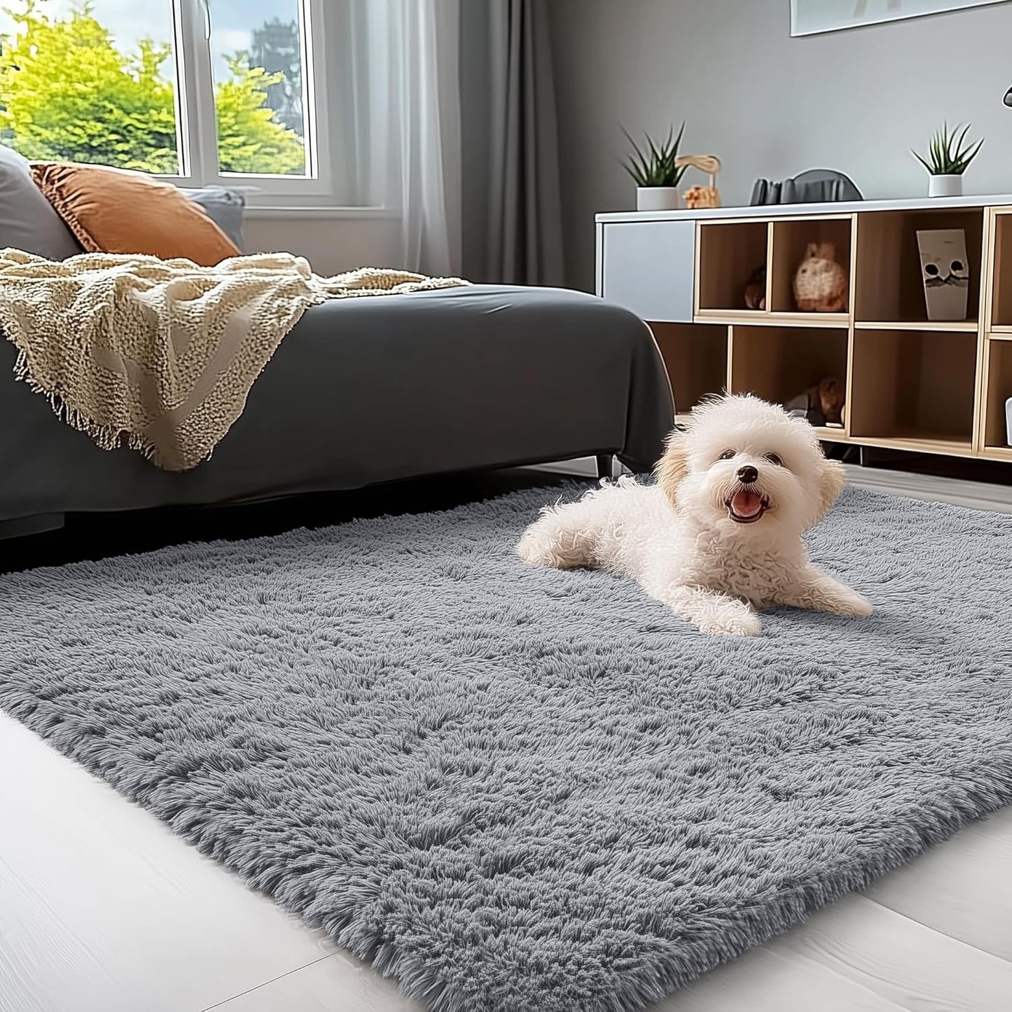 OLANLY Soft Fluffy 3x5 Machine Washable Bedside Rug - Ideal Indoor Carpet for Kids & Nursery | Light Grey