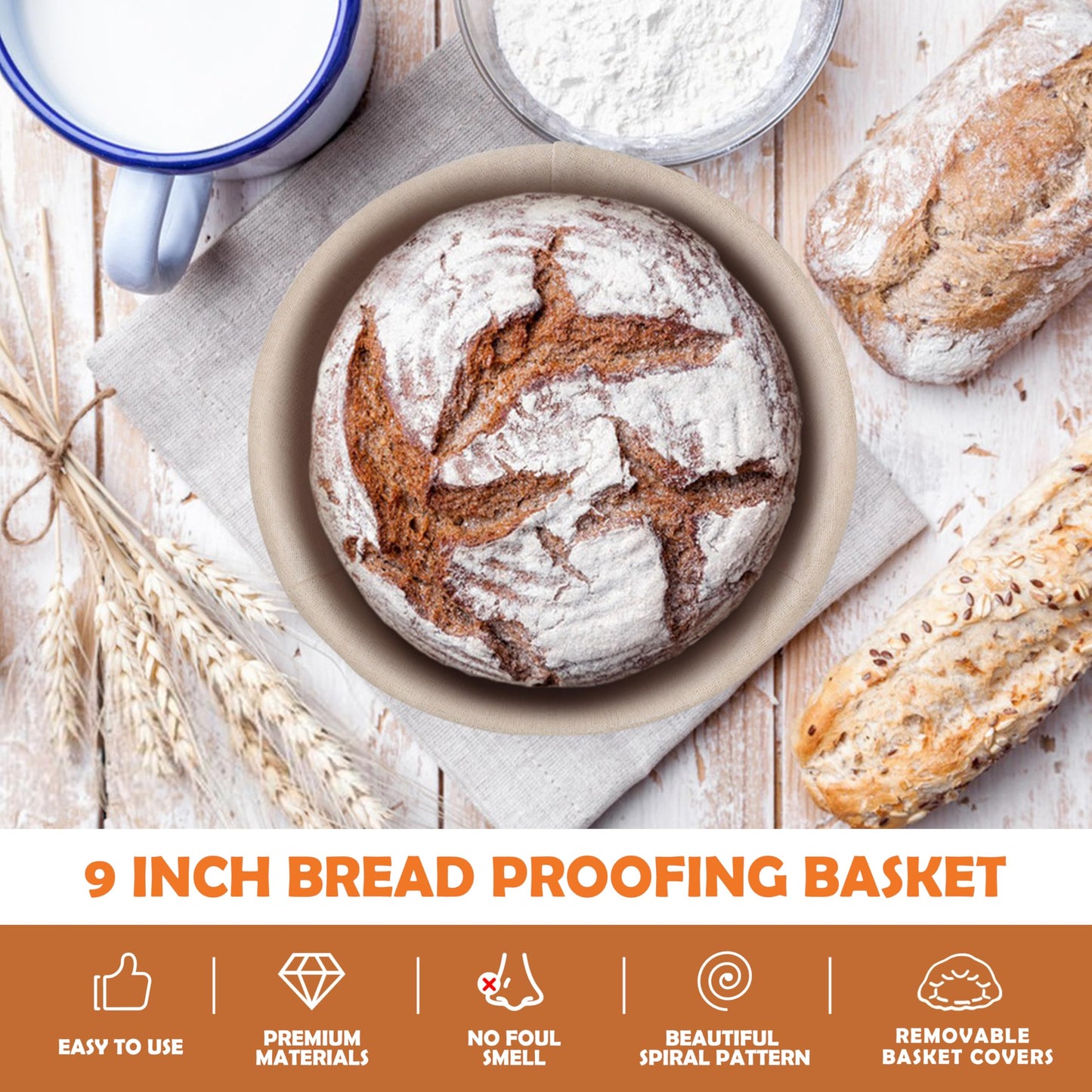 E-far Bread Proofing Basket Set of 2, 9 Inch Round Dough Bowls for Rising, Sourdough Bread Baking Supplies with Liners for Home and Professional Baking