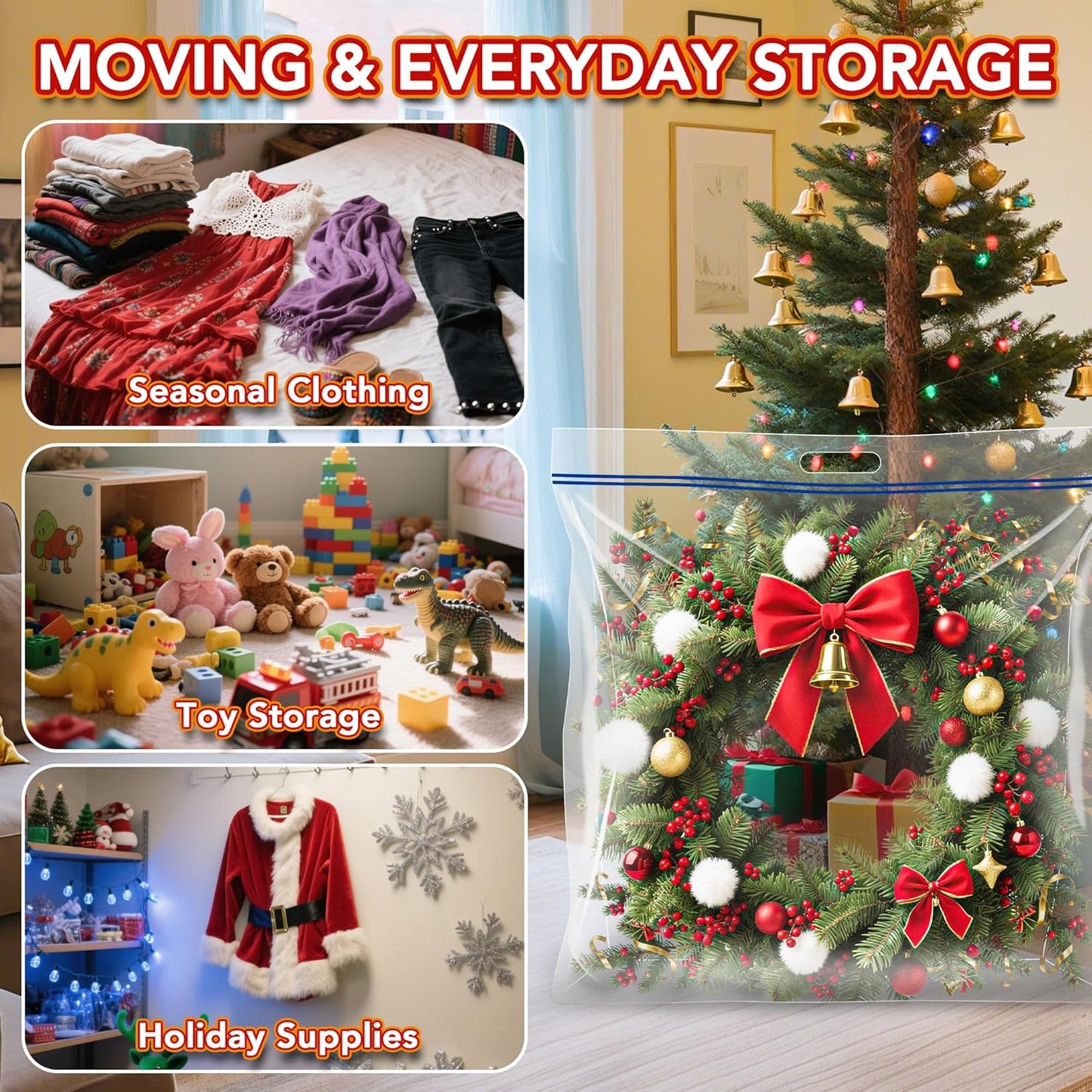 Skiennix Extra Large Clear Wreath Storage Bag - Durable Plastic with Handle | 34"x34"x8.5", 4 Pack for Holiday Decor & Bedding