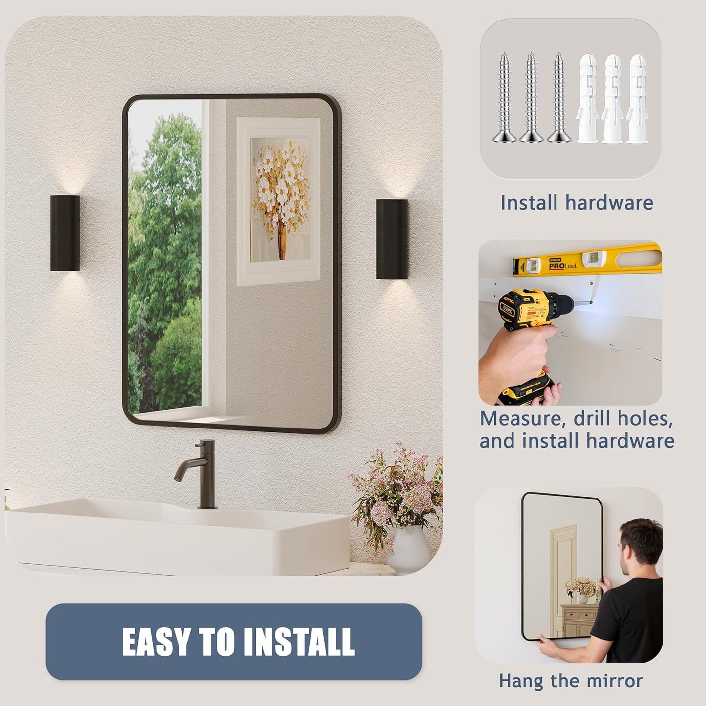 Regine Switzerland Black Bathroom Mirror - 22x30 Rectangular Wall-Mounted Vanity Mirror with Matte Aluminum Frame & Shatterproof Glass